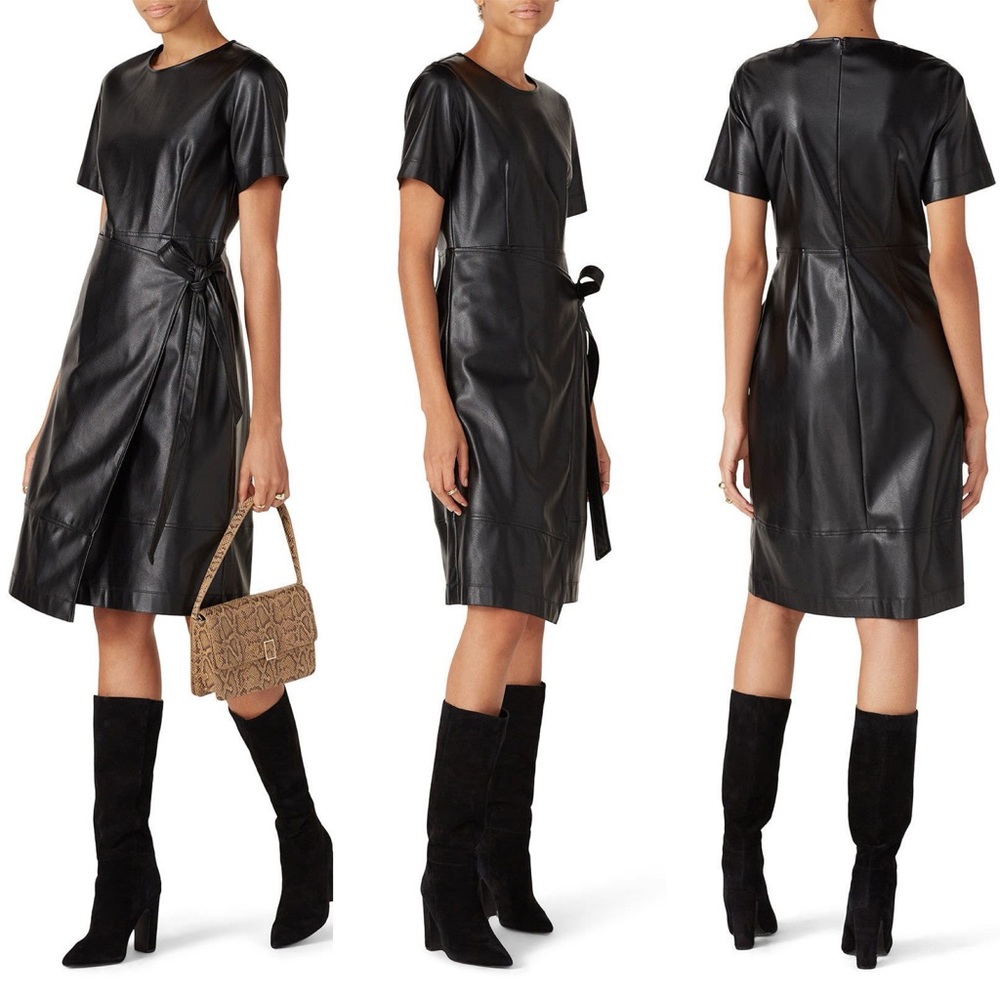 Natori Black Faux Leather Wrap Midi Dress Womens Size 4 Short Sleeve Work Office